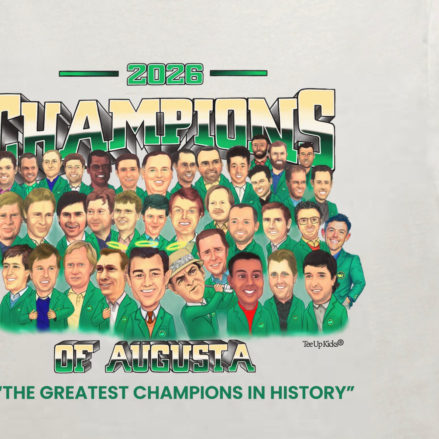 ONLY AVAILABLE FOR 24hrs CHAMPIONS OF AUGUSTA” CARICATURE” SHIRT (2026) - VINTAGE ECRU